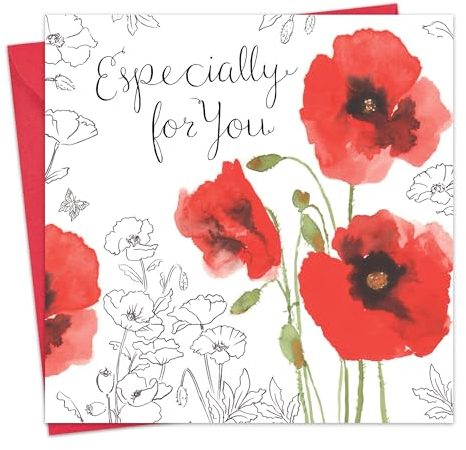 Twizler Geburtstagskarte, für Sie, mit Silberfolie, einzigartiger Aquarell-Effekt und Blumenmotiv, Mohnblumen, besonders für Damen