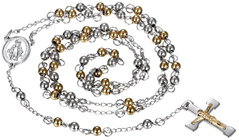 OIDEA Unisex Rosenkranz Kreuz Halskette: Herren Damen Silber Gold Kugel Kette mit Y Kreuz Jesus Kruzifix Maria Anhänger aus Edelstahl Kugelkette Schmuck Geschenk für Männer Frauen