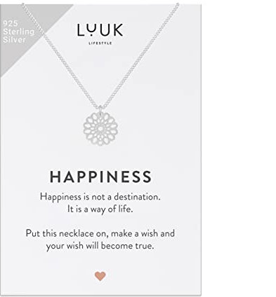 LUUK LIFESTYLE Halskette aus 925er Sterlingsilber mit Mandala Anhänger und HAPPINESS Geschenkkarte, orientalisches und indisches spirituelles Symbol, Boho Stil für Frauen, zeitlose Mode, Silber