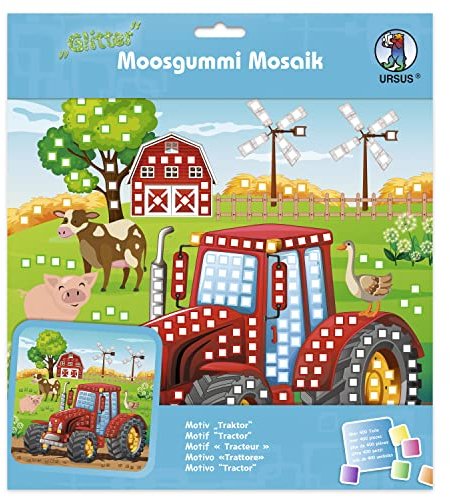 Ursus 8420017 - Glitter Moosgummi Mosaik-Bild Traktor, Bastelset für ein Klebebild aus Moosgummi-Stickern, ca. 25 x 25 cm mit Aufsteller, Mittel