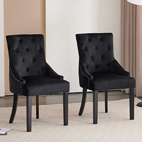 BOJU Set of 2 Velvet Dining Room Chairs with Knocker Ring, Kitchen Armchairs Tufted Fabric Studded Upholstered with Armrest for Accent Restaurant Bedroom Living Room (Black Set of 2)