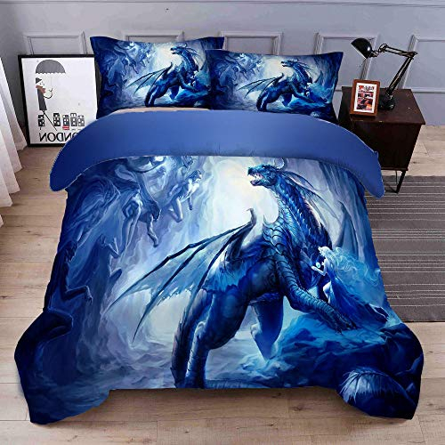 QRTQ Blau Microfaser Bettbezug Set Tier Drache Muster Bettwäsche Set mit 2 Kissenbezug Super weich Polyester hypoallergen 135x200cm
