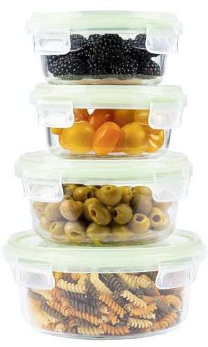 Home Fleek Frischhaltedosen Mit Deckel – Luftdichte Behälter Für Lebensmittel, Glas Schüssel Mit Deckel Set Sicher Für Mikrowelle Und Gefrierschrank | Meal Prep Boxen Glas (4 Rund Behälter, Grün)