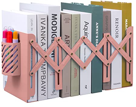 MSDADA Buchstützen Verstellbar Erweiterbar Metall Retractable Book End, Buchständer Zeitschriftenordner rutschfeste Bücherhalter Mit Abnehmbarem Stifthalter für Küche Büro Schule Bibliothek(Rosa)