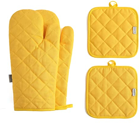 Lot de 4 maniques et maniques en coton très épais et résistant à la chaleur de 500 degrés pour la cuisine (30,5 cm, jaune)