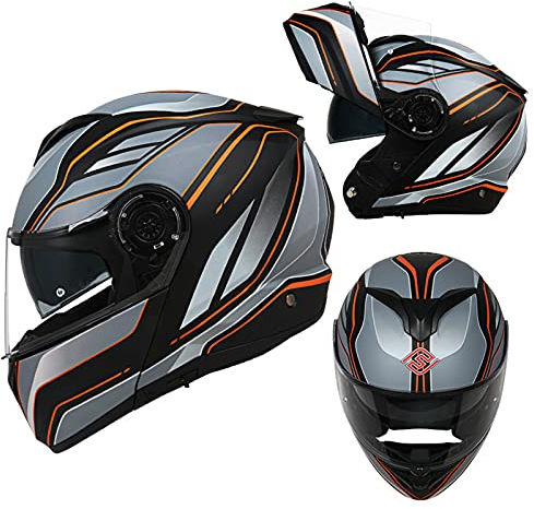 Integralhelm Sporthelm mit Doppelvisier Motorradhelm Klapphelme Rollerhelm Fullface Adult für Damen Herren Sturzhelm ECE Genehmigt Motorrad Roller Helm,Orange,M 54~56cm
