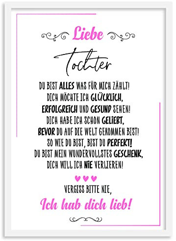 Urhome Kunstdruck Tochter mit Bilderrahmen Weiß in DIN A4 - Ich hab dich lieb Wandbild Poster Wanddeko mit Spruch für Wohnung Familie Freunde Geschenk Geburtstag