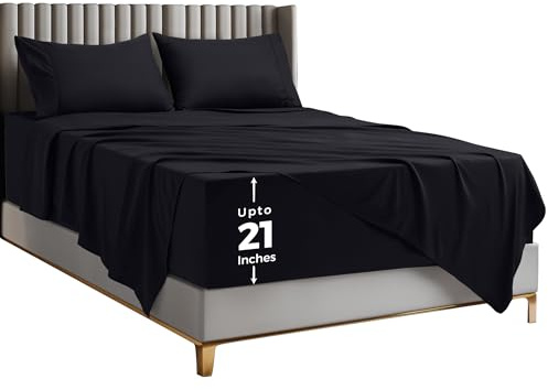 Utopia Bedding Deep Pocket King Sheet Set – Fits Mattresses Up to 21 inches – Cooling, Soft & Breathable – Oeko-Tex 4 Piece Bed Sheets (Black)