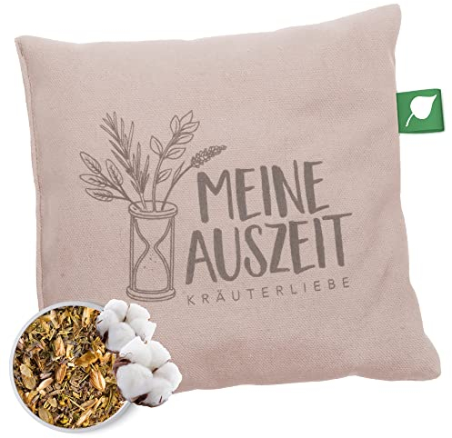 Herbalind Kräuterkissen Meine Auszeit Taupe 20x20 cm - Erkältungskissen mit Füllung ohne Chemie - Deko Kissen Bezug 100% Baumwolle, als Hausmittel bei Erkältung, Duftkissen, Aromakissen, weiß