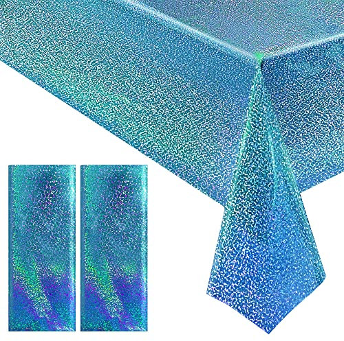 2 pcs Light Blue Holographic Plastic Tablecloths Laser Table Covers 40 x 108 Foil Disposable Table Cloths for Party Birthday Wedding Christmas Holiday Party Decorations