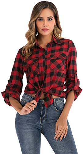 Yukiuiny Women's Flannel Plaid Shirt,Long Sleeve 100% Cotton Blouse,Button Down Casual Check Shirts Basic Tops-A-Red,S