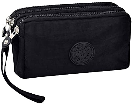 Multifunktions Geldbörse mit 3 Fächern Reißverschluss für Schlüssel Karten Handy Münzen Geld Damen Geldbörse Echtleder Frauen Große Kapazität Clutch Portemonnaie Reißverschluss (Schwarz)
