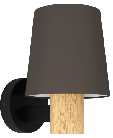 EGLO Wandleuchte innen Edale, Wandlampe im Landhaus-Stil, Wandbeleuchtung aus Textil in Cappuchino, FSC100HB, Metall in Schwarz und Holz in Eiche, Wand Lampe mit E27 Fassung