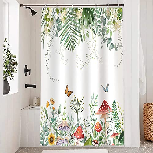 Uiiooazy Rideau Douche 120x200cm, Rideau Douche Anti Moisissure Vert Tropicale Feuilles d'eucalyptus Palmier Champignon Rideaux de Baignoire Tissu Lavable Imperméable Rideaux de Bain avec 8 Crochets