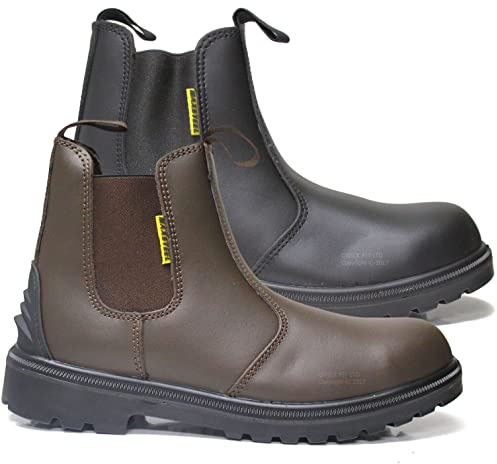 MAXSTEEL Mens Leather Safety Steel Chelsea Dealer Slip On Twin Gusset Lightweight Ankle Work Boots Shoes (BLACK, Medium), 12 UK (MS20)