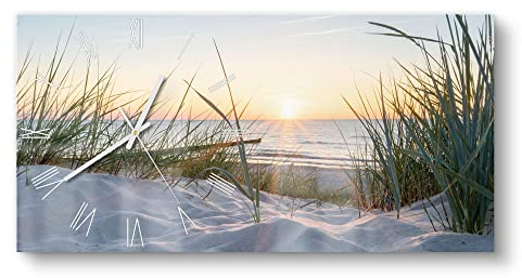 DEQORI Glasuhr | vertikal 60x30 cm | Motiv Ostsee Sonnenuntergang | große XXL Design Uhr aus Glas | leise Wanduhr für Wohnzimmer & Küche | moderne Hingucker Uhr für die Wand