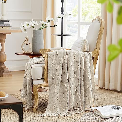 KASYLAN Diamond Knitted Throw Blanket Textured Solid Soft Sofa Throw Couch Knitted Decorative Blanket, 127x152cm Beige