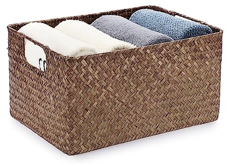 IGNPION Seagrass Storage Opened Basket Living Room Decorative Basket Woven Wicker Towel Basket Desktop Basket Rectangular Bathroom Storage Organiser Box, Shelves & Desks Multipurpose Storage Hamper, S