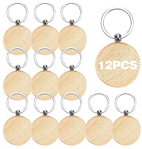 Schlüsselanhänger Holz Blanko Rund, 12 Stück Wooden Keychain Schlüsselring, Holz Schlüsselanhänger, Schlüsselanhänger Rohlinge Holz, Holz Scheiben Holzscheiben mit Loch für Malerei DIY Dekoration