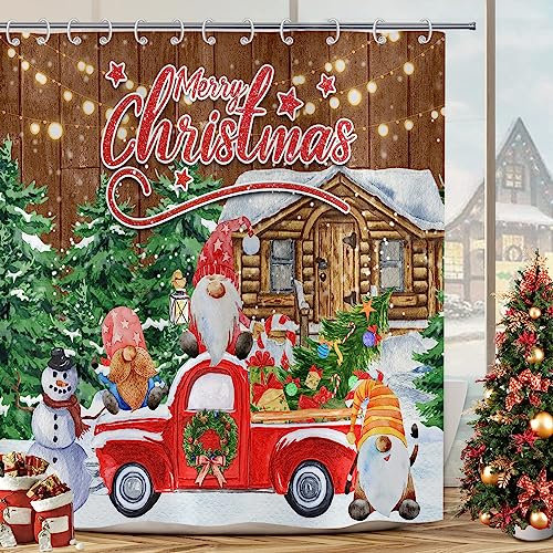 Hnmdmyi Duschvorhang Weihnachten 180x200, Niedliche GNOME Schneemann Weihnachtsbaum Rot LKW Bauernhof Winter Urlaub Badewanne Vorhang Wasserdicht Polyester Stoff Waschbar Badevorhang mit Haken