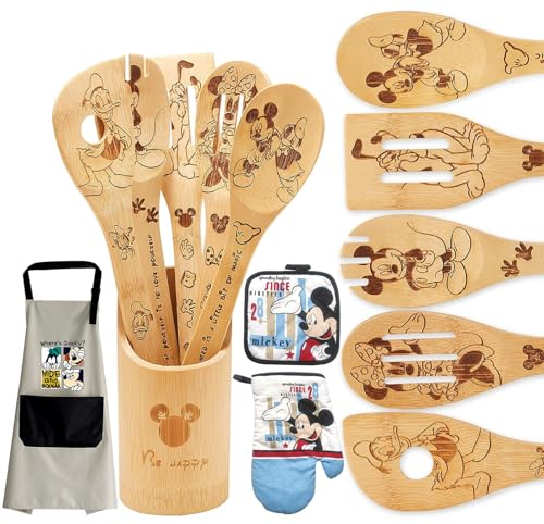 BOZICRE 9-teiliges Maus-Holzlöffel zum Kochen, Mickey Bambus-Küchenutensilien-Set mit Schürze, Ofenhandschuh, Topflappen-Set, Einweihungsgeschenk, Geburtstagsgeschenk, Jahrestagsgeschenk für Frauen,
