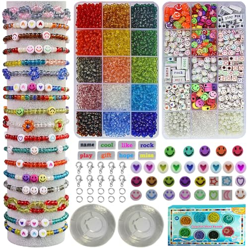 Perlen Armbänder Selber Machen 6000 Stück Mini Perlen Set für Armbander Glas Bunte Perlen Zum Auffädeln + Smiley Perlen Zum Auffädeln Mit Armband Schnur Elastisch für Frauen,Kinder,Erwachsene,Damen