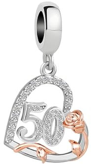 ZakiaHo 50 50th Birthday Charms for Bracelets Rose Flower Love Heart Charm Beads Womens Christmas Gifts for Mom Grandma Compatible with Pandora Bracelets Necklaces