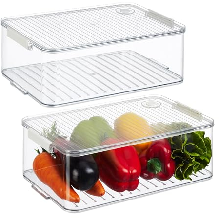 Relaxdays Kühlschrank Organizer, 2er Set, Kühlschrankeinsätze mit Deckel & Datum, HxBxT: 10,5 x 21 x 33 cm, transparent