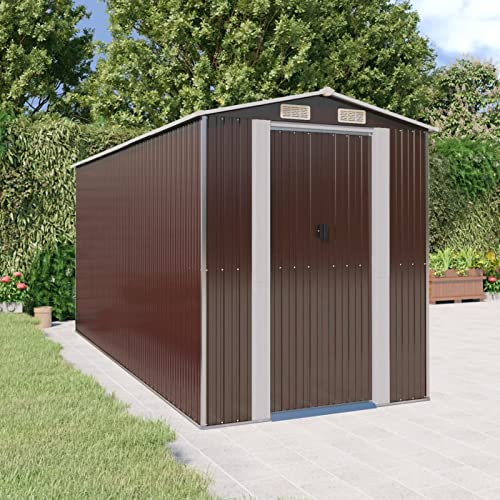 heybb Geräteschuppen Dunkelbraun 192x440x223 cm Verzinkter Stahl Gartenschrank Holz Wetterfest