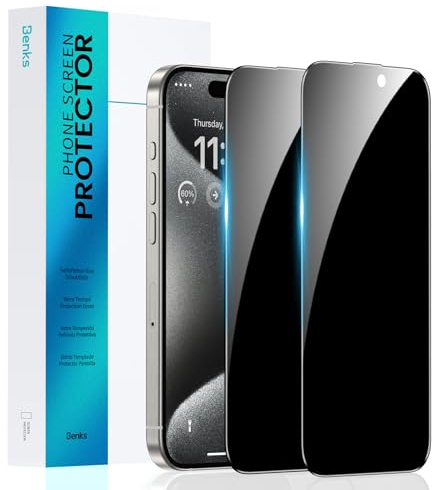 BENKS 2 Stück Panzer Schutz Glas für iPhone 15 Pro Sichtschutz,Volle Deckung,Anti-Spähen Schutz Glas,9H Härte,Anti-Kratzer HD Blickschutzfolie