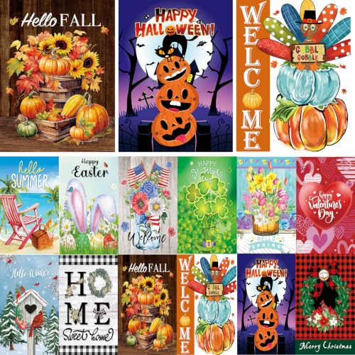 Saisonale Gartenflaggen, doppelseitig, 30,5 x 45,7 cm, 12 Stück, kleine | Kleine Gartenflaggen für draußen, Herbst, Winter, Weihnachten, Halloween, Outdoor-Flaggen, Feiertags-Gartenflaggen für alle