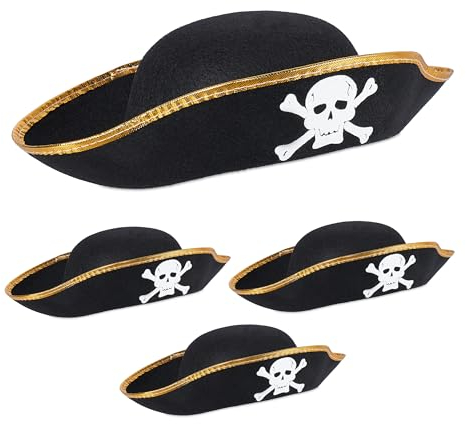 Relaxdays Piratenhut, 4er Set, Polyester, bis ca. 58 cm Kopfumfang, Dreispitz Hut Piratenkostüm, Piratenmütze, schwarz