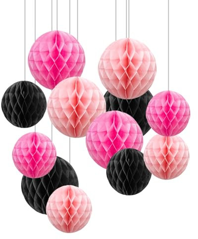 ZYOOO 12pcs Paper Honeycomb balls,15/25cm Tissue Paper Hanging Balls for Girls Birthday,Wedding,Engagement,Holidays, Party Decorations(Pink Black)