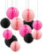 ZYOOO 12pcs Paper Honeycomb balls,15/25cm Tissue Paper Hanging Balls for Girls Birthday,Wedding,Engagement,Holidays, Party Decorations(Pink Black)