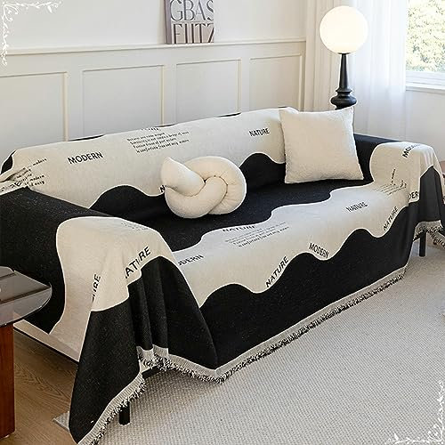 KnSam Home Sofa Überwurfdecke, Welle Überwurfdecke Bett mit Quaste, Wohnzimmer Sessel Hunde Haustiere Sofahusse Chenille Anti-Rutsch-Couch (180x280CM, Schwarz)