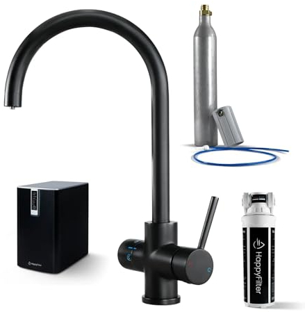 HappyFilter FizzRed Wassersprudler Wasserkocher | gekühlt | gesprudelt | kochend| 5in1 Black Wasserhahn | Kalkfilter | Wasserspender | Büro | Küche | Festwasseranschluss | 425g CO2 Adapter