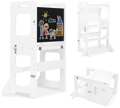Toddler Standing Tower, Learning Standing Tower 4-in-1 Kitchen Wooden Stool Helper with Chalkboard Montessori and Waldorf Helper for Kids in Kitchen Wooden Step Stool with Desk Table and Chair (White)