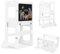 Toddler Standing Tower, Learning Standing Tower 4-in-1 Kitchen Wooden Stool Helper with Chalkboard Montessori and Waldorf Helper for Kids in Kitchen Wooden Step Stool with Desk Table and Chair (White)