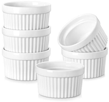 MALACASA Ramekins Set of 6, 6 oz Porcelain Creme Brulee Ramekins, Small Oven Dish, White, Oven Safe