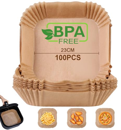 AiQInu Backpapier für Heißluftfritteuse, 100 Stück 23cm BPA-frei Airfryer Backpapier Eckig Wasserdicht Ölfest Pergamentpapier Liner Airfryer Zubehör, für Heißluftfritteuse Ofen Mikrowelle