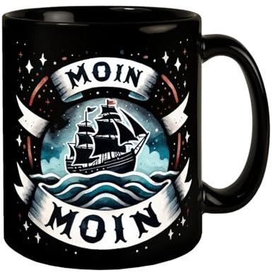 Segelschiff Moin Moin Tasse in Schwarz Maritim Segelboot und Anker Hintergrund im Meer Ozean Küste