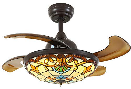 GJDHUQO Ventilador de techo Tiffany con luz, ventilador de araña vintage, aspas retráctiles, control remoto regulable y aplicación para sala de estar, dormitorio, 36 pulgadas Chasing the Dawn