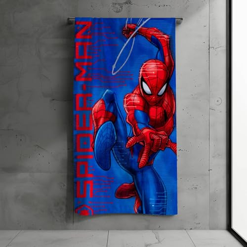 SUN CITY Spiderman Kinder Badetuch, Strandtuch, 100% Baumwolle, 140x70 cm, saugfähig, für Bad, Strand oder See (Dunkelblau)