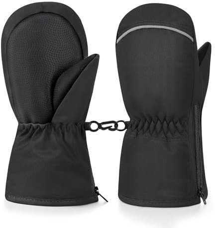 MoKo Handschuhe Kinder, Winterhandschuhe Kinder & Fäustlinge Kinder - Winddicht und Wasserdicht, Skihandschuhe Kinder für Outdoor Snowboard für Jungen Mädchen von 6-8 Jahren, M, Schwarz