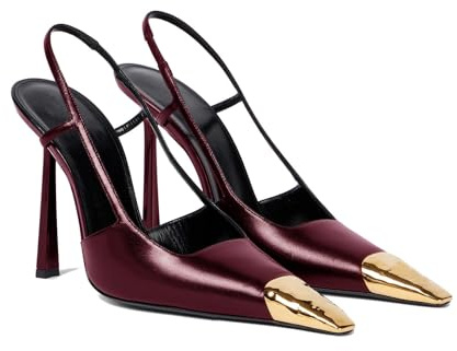 THESHY Womens Slingback High Heels Metal Pointed Toe Leather High Stiletto Heel Pumps Slip on Elastic Strap Fashion Dress Shoes for Women, Burgundy, 4 UK