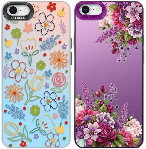Tedyhulle 2 Stück Handyhülle für iPhone 7/8/SE 2020/SE 2022, Colorfu Blumen Muster, Weiche TPU Stoßstange mit Hard PC Fall, Stoßfeste Kratzfeste Schutzhülle, Lila und irisierend