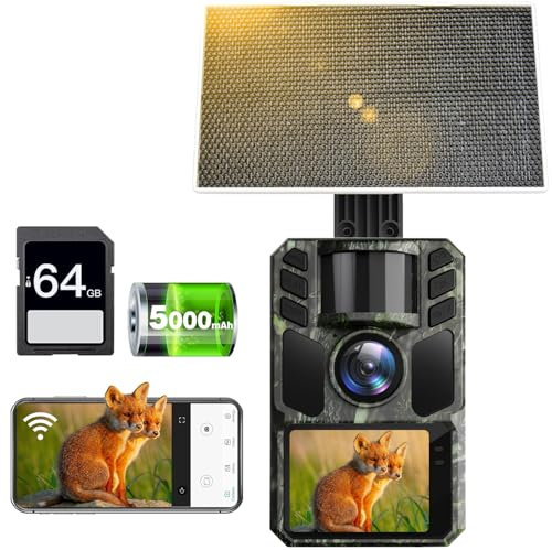 FKPCAM Caméra de chasse WiFi à énergie solaire – Caméra de chasse rechargeable avec batterie intégrée de 5000 mAh – Caméra de chasse 4K 64 MP avec vision nocturne pour surveillance de la faune avec