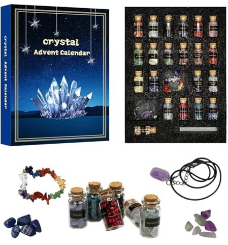 Kristall-Adventskalender für Frauen, 24 Tage Heilungs-Edelstein-Weihnachts-Countdown-Kalender 2024, natürliche Kristalle Chips Flaschen, Geschenkset für Hexen-Anfänger