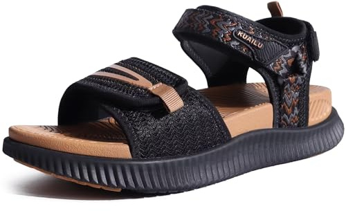 KuaiLu Sandales Randonnée Femmes Sport d'extérieur Confortable Orthopedique Soutien Voûte Plantaire Réglables Cuir Trekking Sandale Randonnee Léger Ouverte Antidérapante Marche Sandales Noir Kaki 38