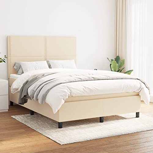 Homgoday Boxspringbett mit Matratze Creme 140x200 cm Stoff Bettgestell Bettrahmen Doppelbett Einzelbett Bett Betten mit Lattenrost Hotelbett Schlafzimmerbett